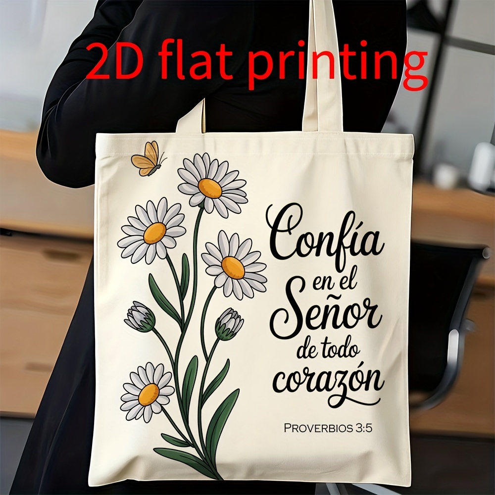 TEMU Bolso Tote de Lona para Hombre - Estampado 2D Unisex - " en " Diseño Floral de Margaritas con Escrituras Minimalista - Bolso de Compras