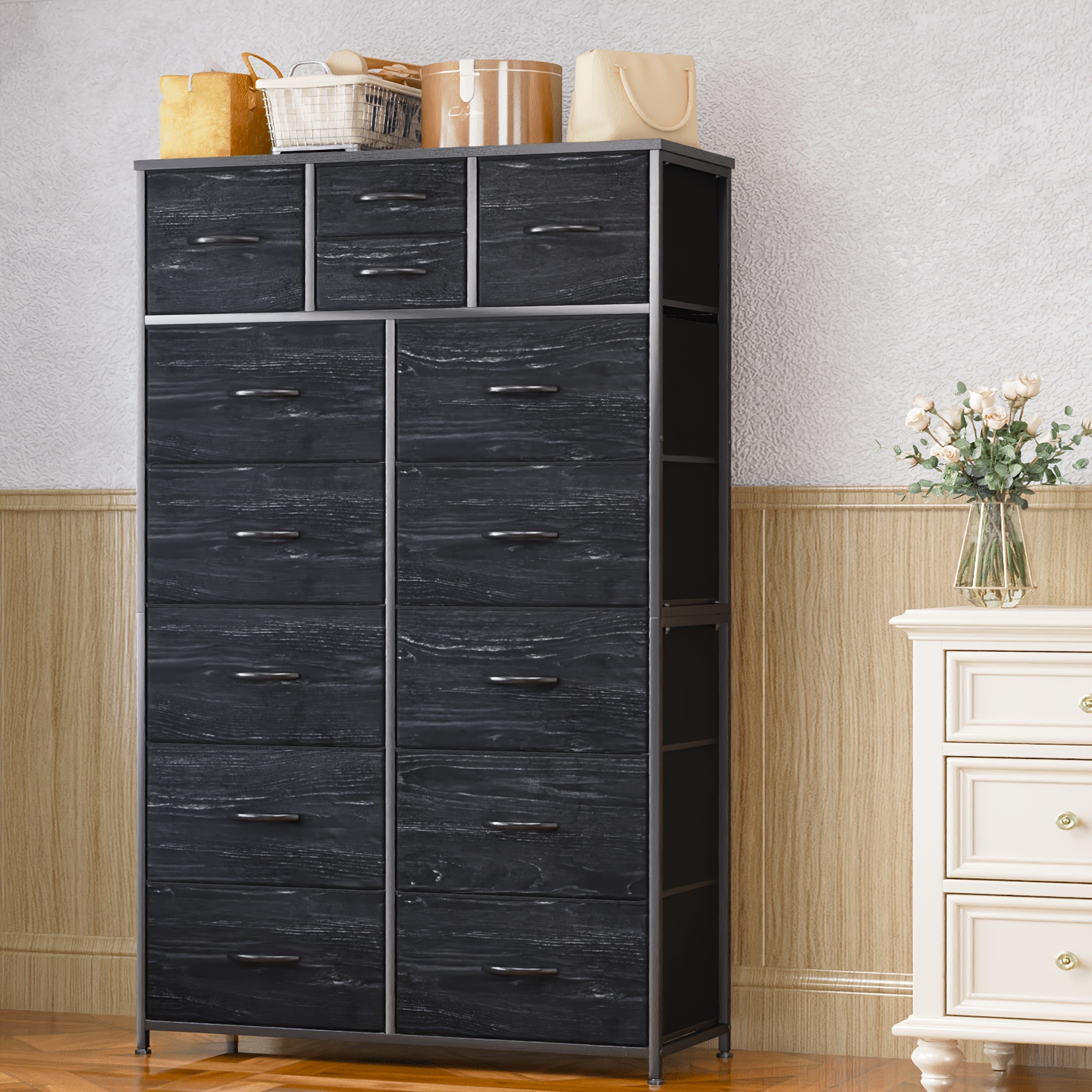 

Tall Dresser, Dresser For Bedroom With 14 Drawers, Tall Bedroom Dresser For Bedroom, Large Fabric Dresser With Wood Top And Metal Frame For Closets, Living Room, Entryway, Black