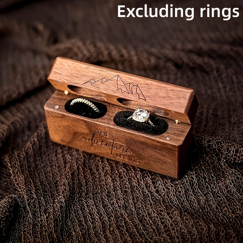 Engraved Wooden Double Ring Box - Design, Slim Ring Case For Wedding Ceremony, Engagement, Proposal, Dress Box - Anniversary, Valentine Gift Ideas - No Electricity Needed