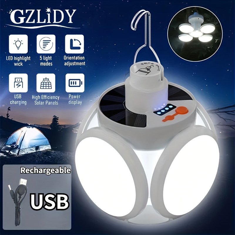 

Portable Led Lights: Solar And Usb Rechargeable, Foldable, With Power Display Screen, Suitable For Camping, Fishing, Camping Equipment, Emergency Lighting, Ideal Choice For Hiking