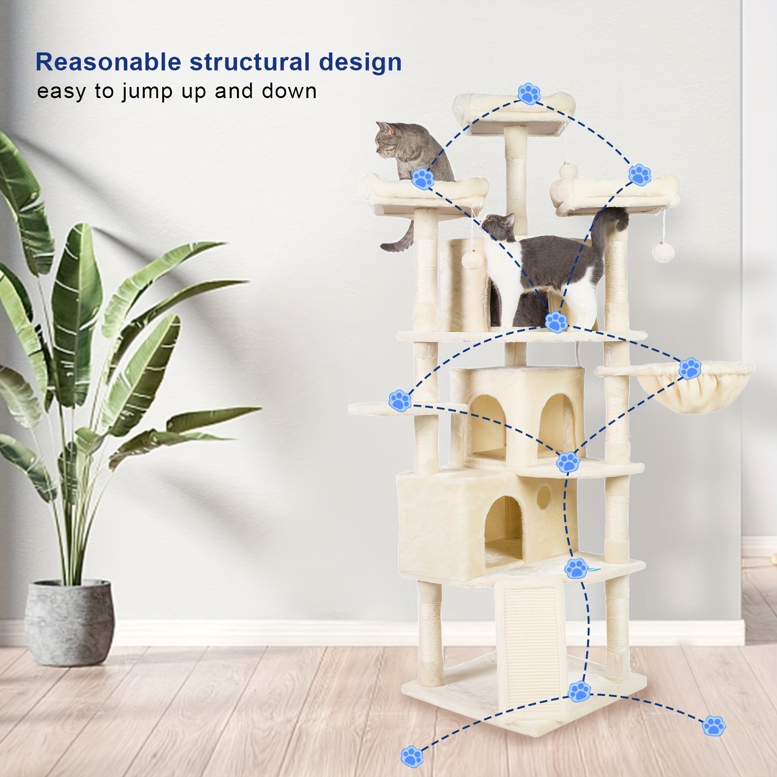 

Hey-brother Xl Cat Tree, 73.4 Inch Cat Tower With 3 Caves, 3 Cozy Perches, Scratching Posts, Board, Activity Center Stable For Big Cat Beige