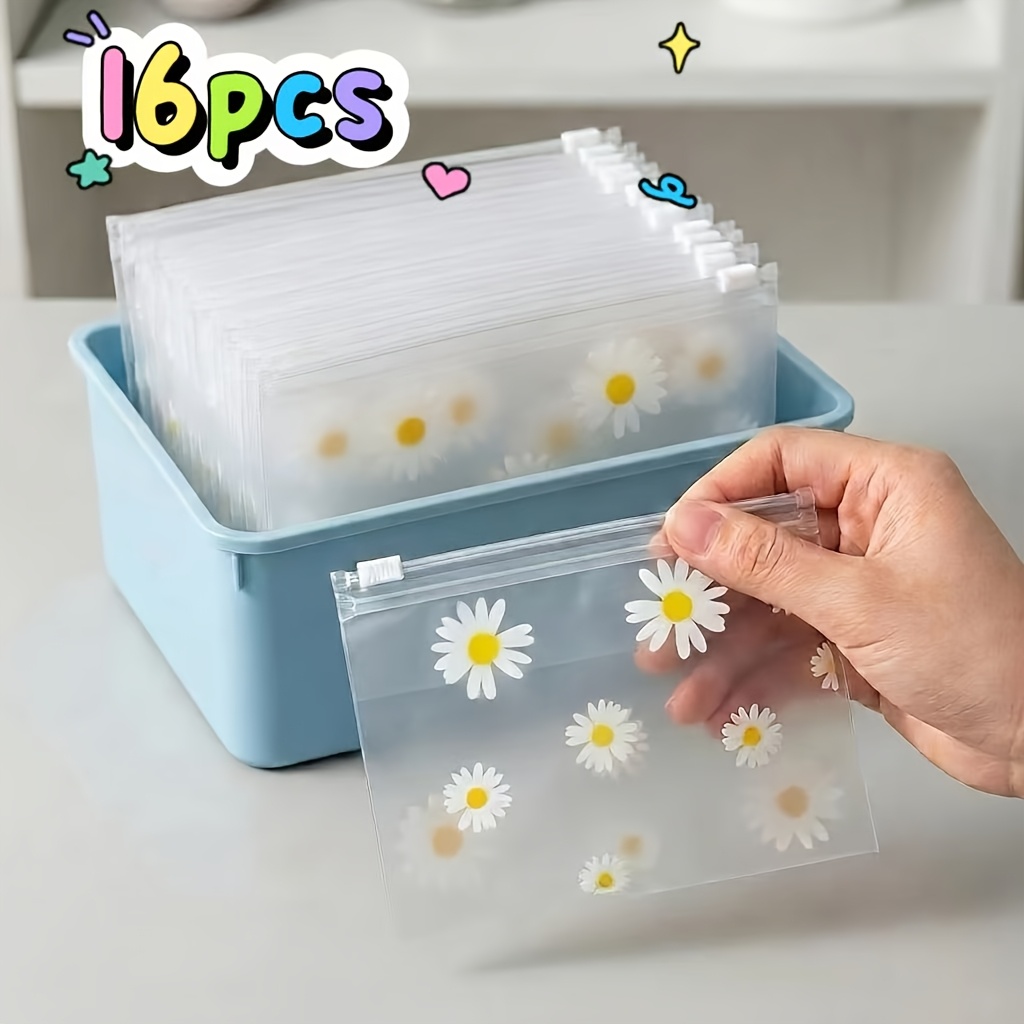 Image of 16pcs Daisy Pattern Frosted Plastic Zipper Bags, Reusable Transparent Storage Bags, Suitable For Cosmetics Jewelry Hair Additions Office Supplies Crafts Stationery Organization