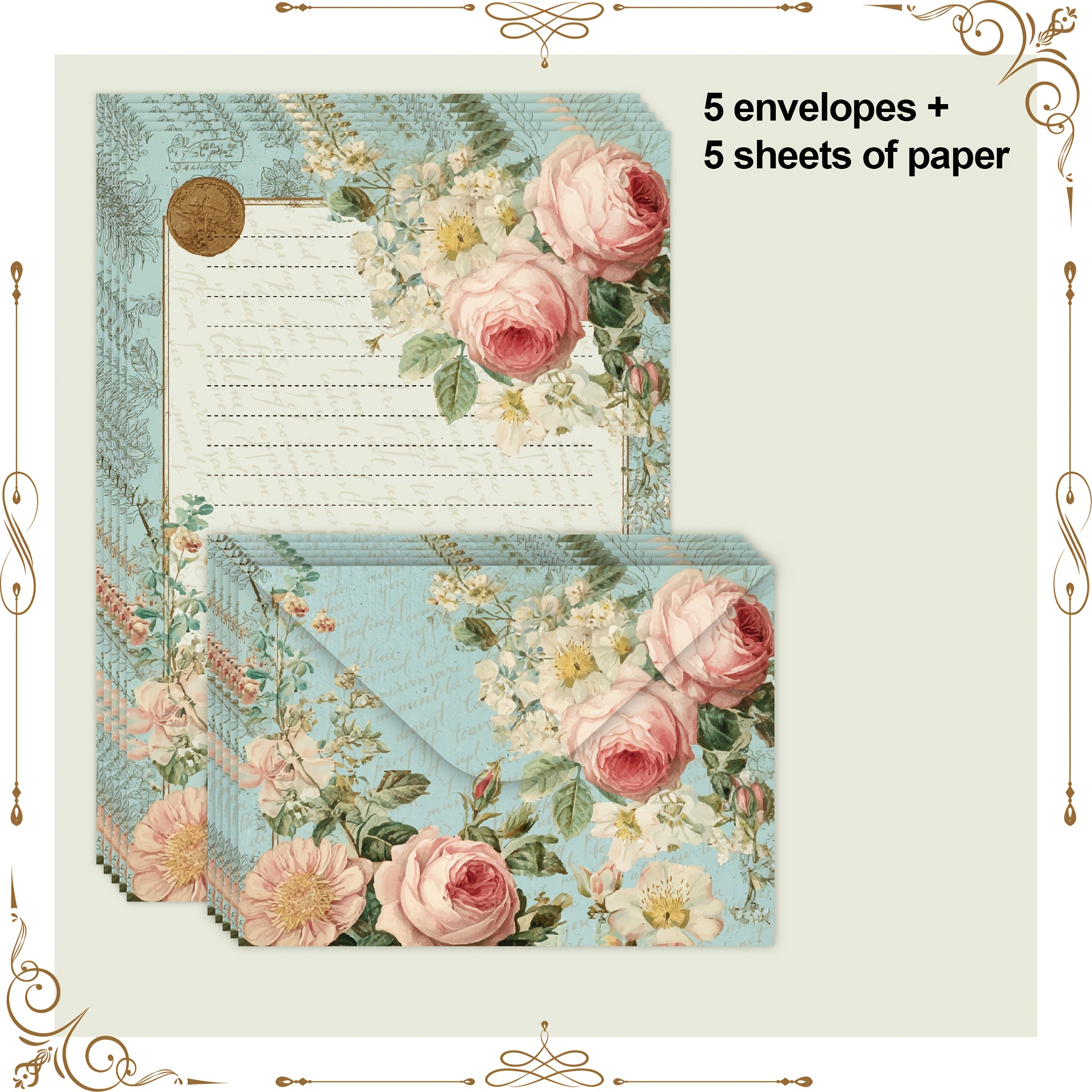 TEMU 10pcs (10pcs) Vintage Floral Letter Paper & Envelope Set Suitable For Wedding Invitations, Birthday Parties, Romantic Proposals - 5 Sheets + 5