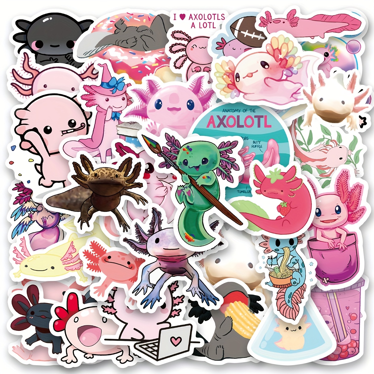 Image of 50pcs Axolotl Stickers Aesthetics Stickers For Scrapbooking, Diary, Laptop, Bumper, Skateboard, Water Bottle, Computer, Phone, Hard Hat, Car Stickers And Decals