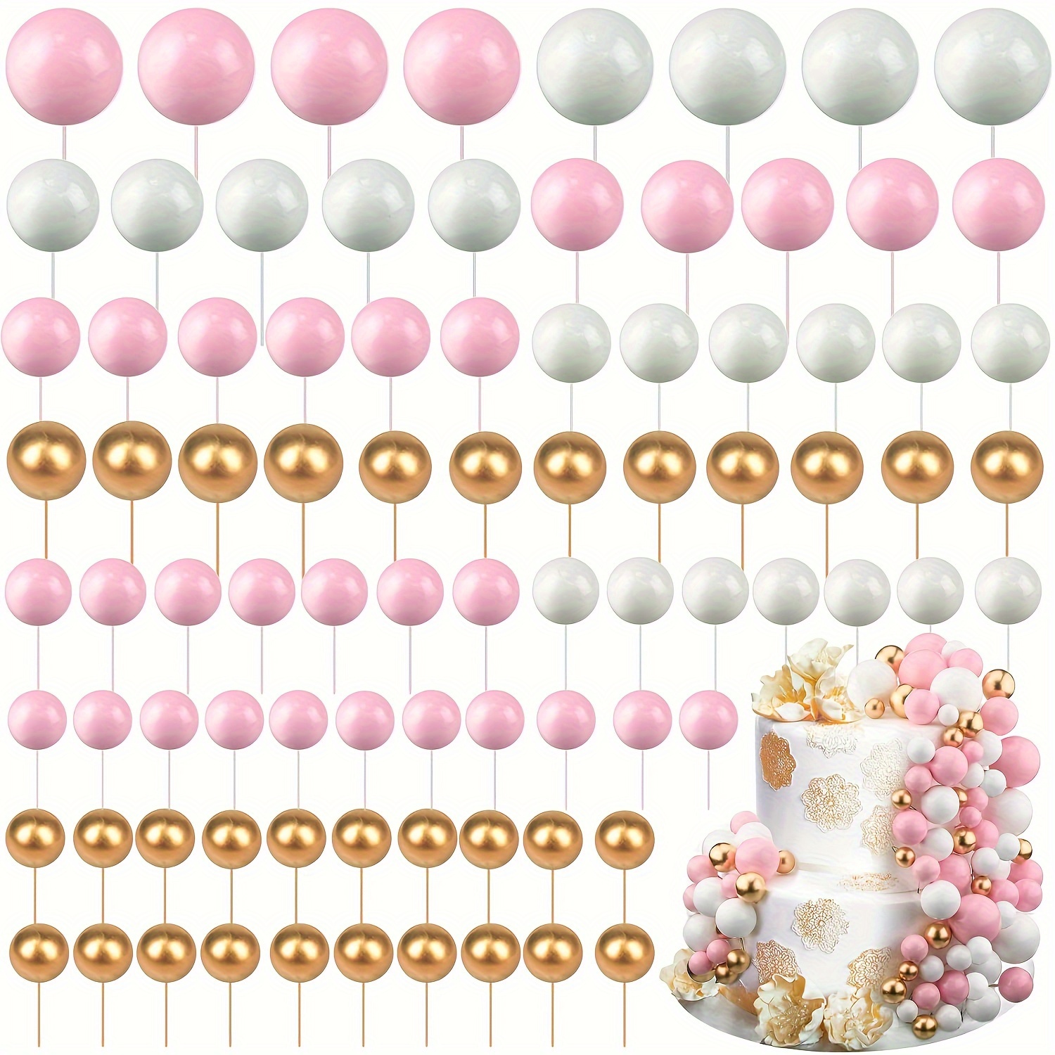 

108-piece Metallic Pink, Golden & White Cake Topper Kit - Metal Sphere Decorations, Food-grade Cake Picks For Weddings, Birthdays, And Holiday Parties - Versatile Decorating Set For Baking Enthusiasts