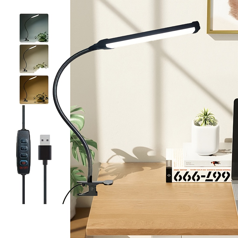 TEMU 1pc Led Table Lamp, Usb Clip Reading Lamp, Three-color Adjustable, 360-degree Metal Hose That Bent , Supplementary Light Clip Lamp, Table Lamp,
