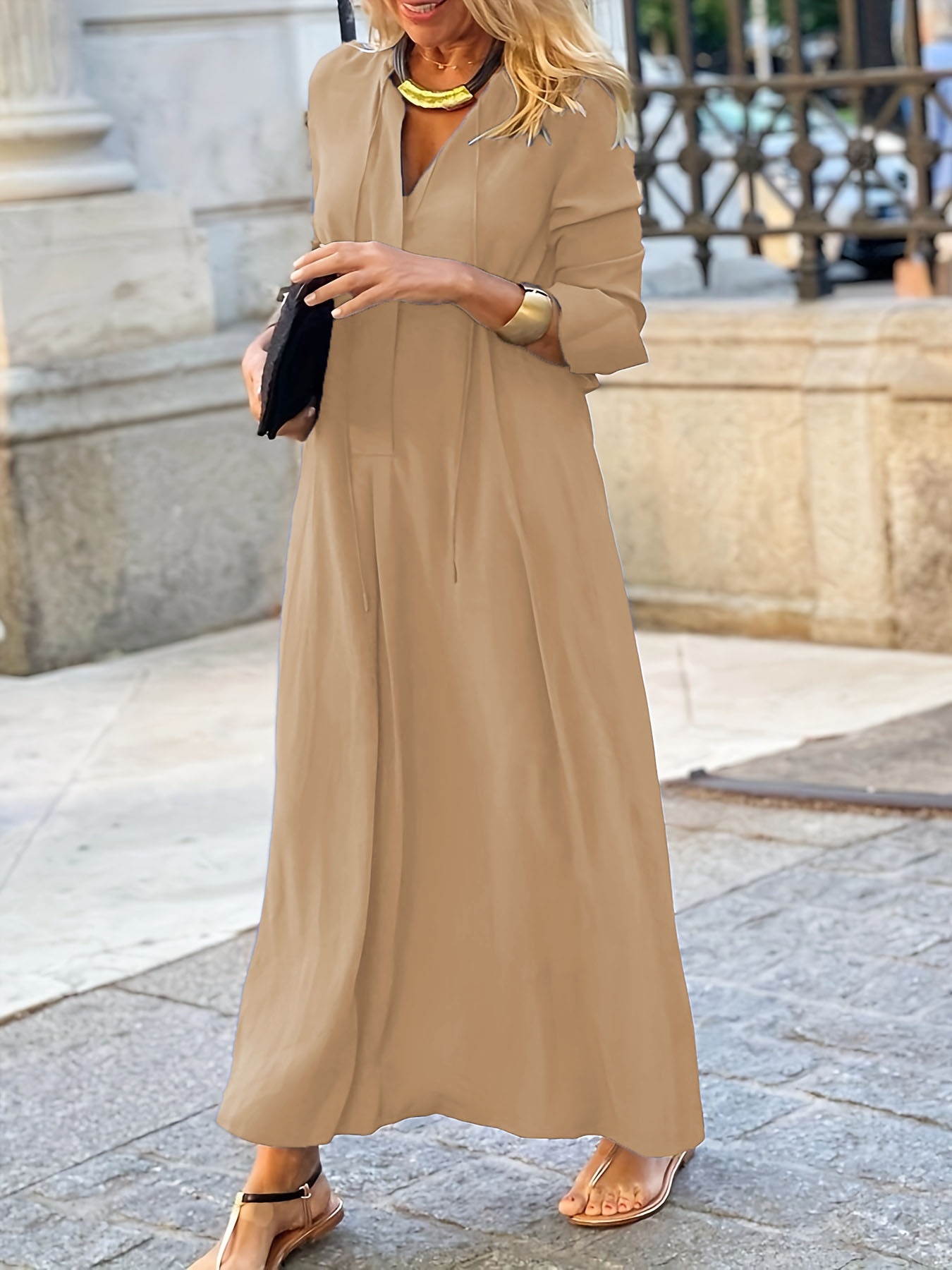 Long Sleeve Maxi Dresses Casual Wear Women's Beige V Neck Long