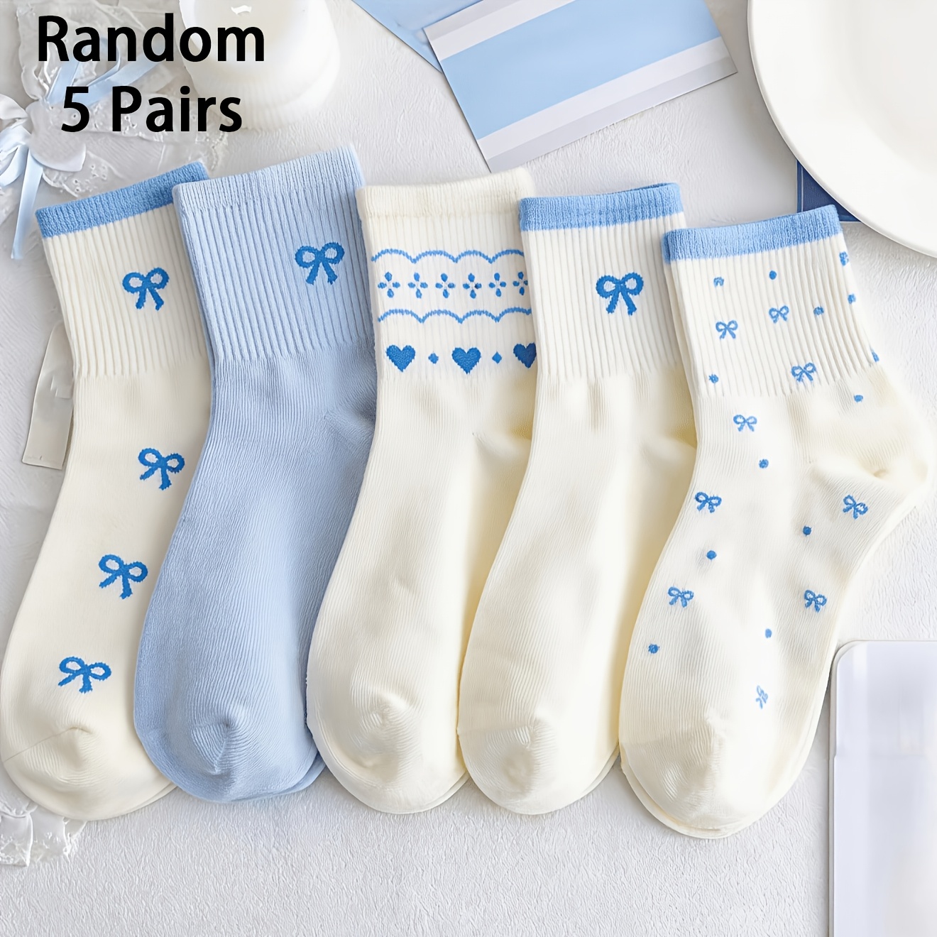 TEMU Random 5 Pairs Light Blue Women's Midcalf Socks, Comfortable Breathable, Cute Insstyle Bow, Versatile Sports Daily Wear
