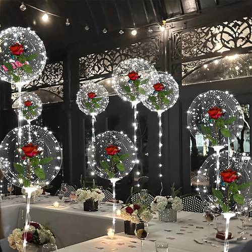 20pcs 5 sets rose clear bubble ball red roses 20 inch balloons sticks for wedding birthday christmas valentines day decor