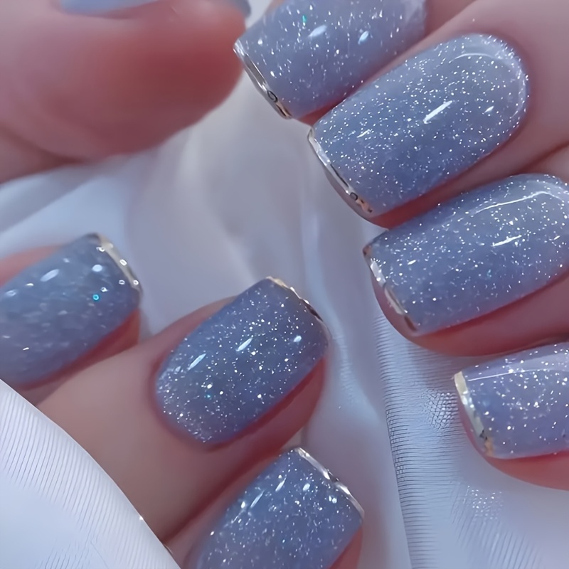24pcs Fashionable Silvery Art Deco Nail Art Set With Starry Shimmer Nail Stickers, Suitable For Daily Wear