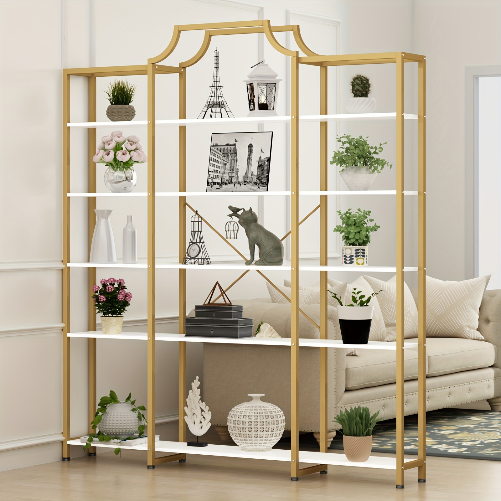 

Extra Large Bookshelf, Triple -tier Bookcase, Freestanding Etagere Storage Shelf, Tall Display Shelf With Metal Frame For Home Office, Living Room, Study Room