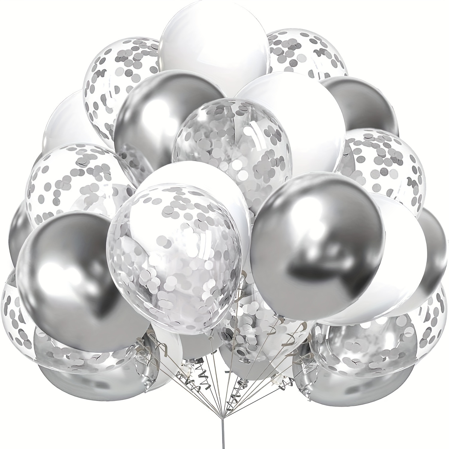 

30pcs-metal Silvery Balloons And Confetti Balloons Large Thickened Helium Latex Balloons With Silvery Ribbon, Suitable For Birthday Graduation Wedding Party Decoration Eid Al-adha Mubarak