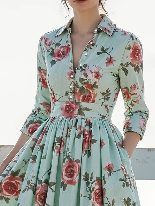 womens high waist flared lapel long dress elegant commuter style vintage floral print dress 2025 new arrival versatile vacation and travel dress suitable for spring parties and other occasions anniversaries
