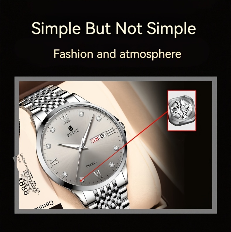  mens stainless steel quartz watch elegant glow in the dark dial with calendar roman date display design thanksgiving day gifts details 1