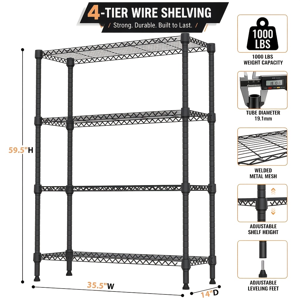 TEMU 4-tier Heavy Duty Metal Storage Shelf 1000 Lbs 14"d X 30"w X 59"h, Adjustable Industrial Rack For Garage Pantry Basement Outdoor Storage And