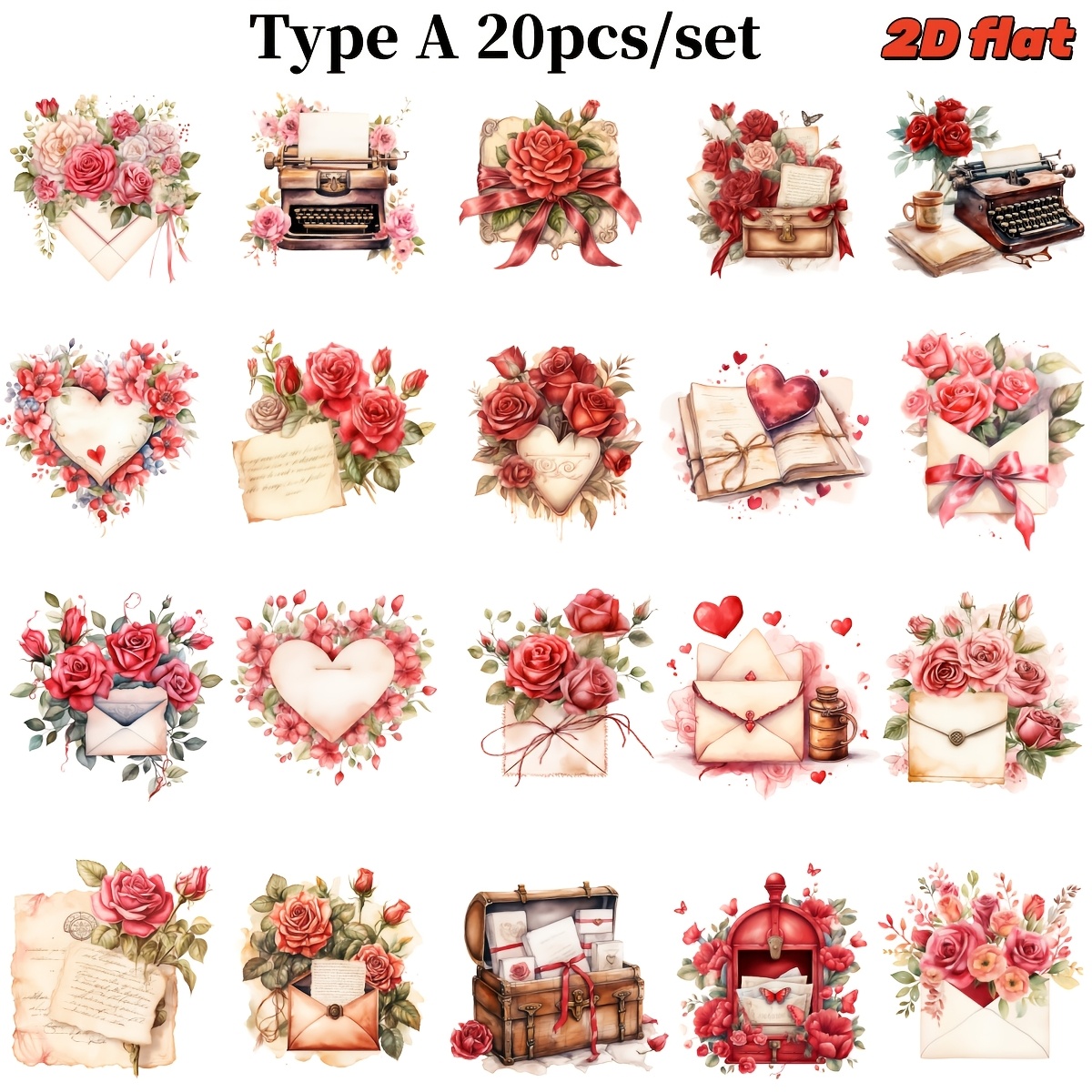 Image of Set Of 20 Handmade Creative Vintage Red Rose Envelope Typewriter Heart Stickers For Valentine's Day, Decorative Stickers For Diaries, Notebooks, And Projects