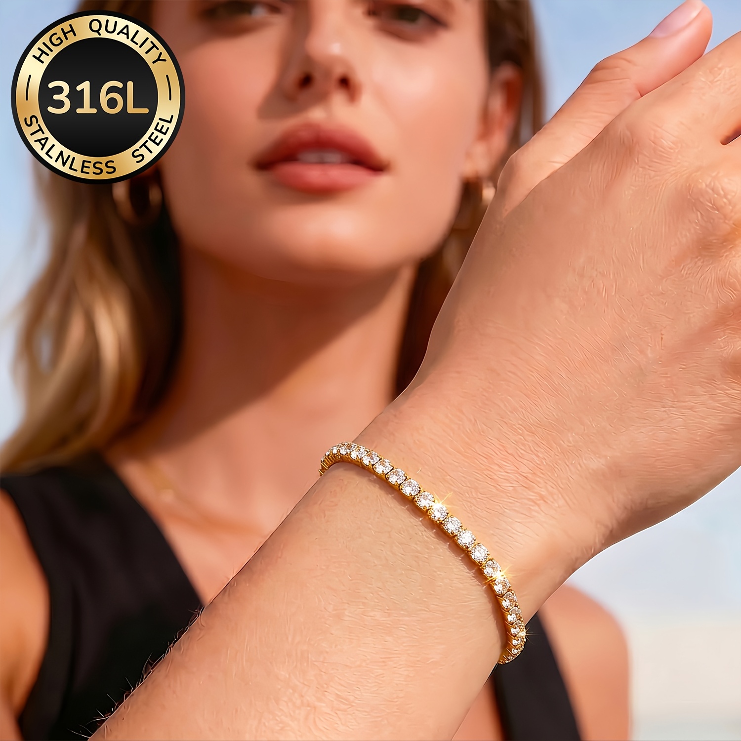 TEMU Pulsera de acero inoxidable 316L chapada en oro de 18K para mujer, joyería resistente y a la decoloración, adiciones modernas y elegantes, para