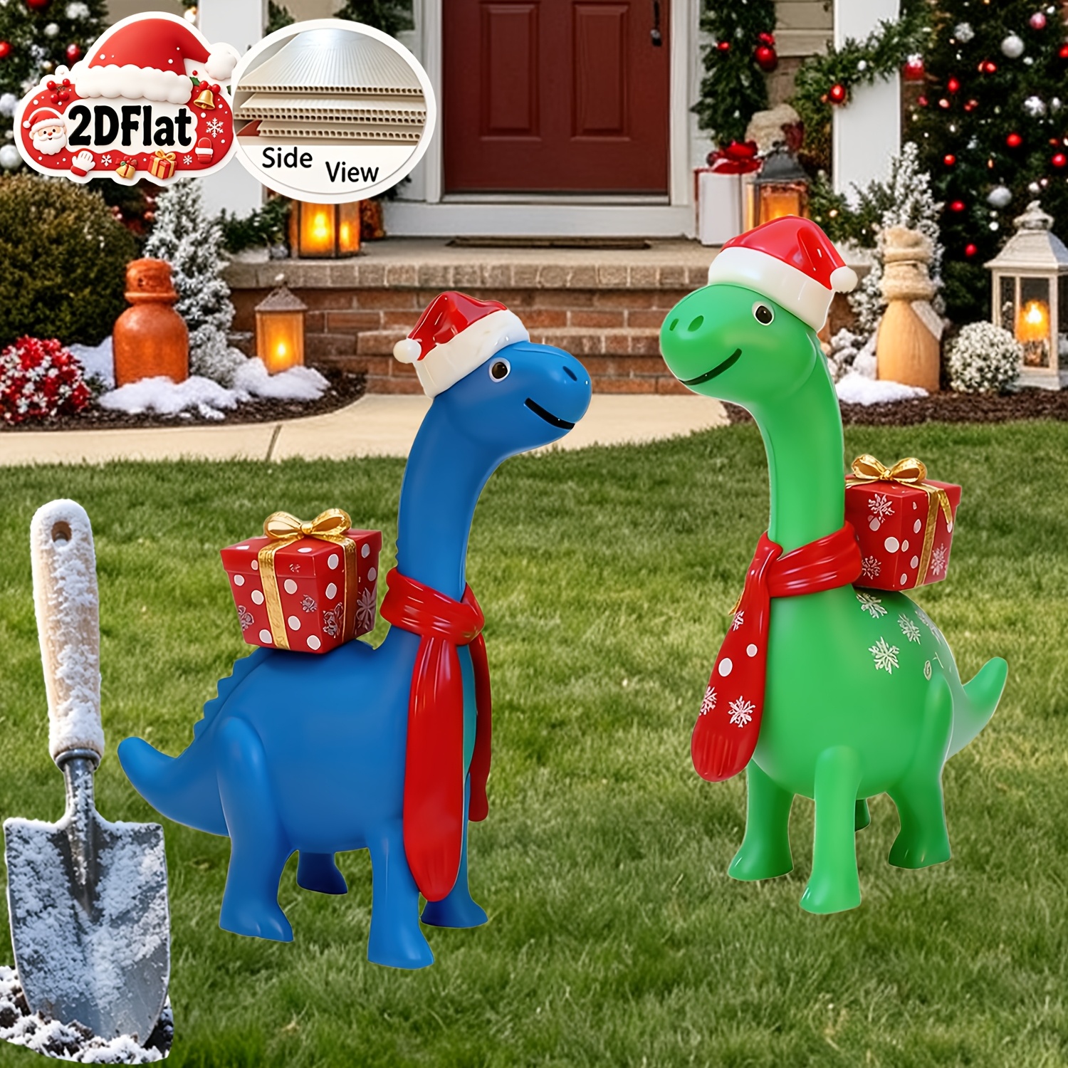 TEMU 2d Flat, [2d Flat] 2d Flat 2pcs Christmas Yard Sign Fun Dinosaur Themed Pair With Santa Hat And Scarf For Lawn Pathway Ground Decor Pieces, 2d