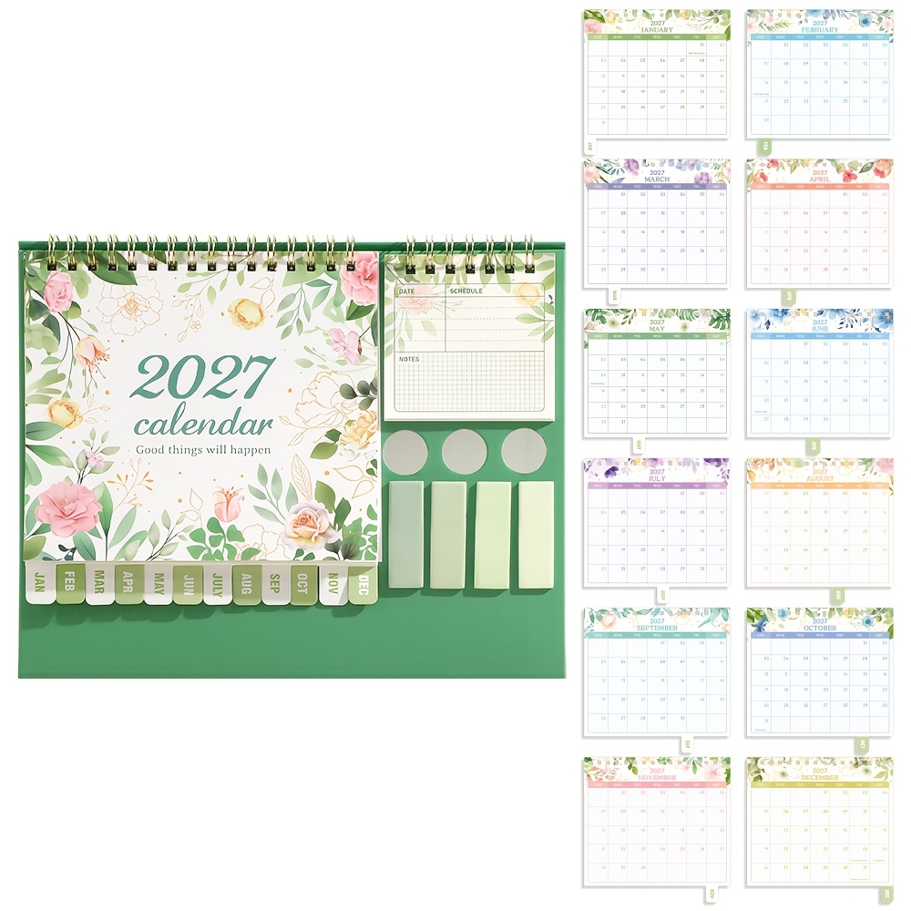 Image of 2027 Flower Desk Calendar Multifunctional -one Set With Stickers Labels Sticky Notes Pen Holder Front Calendar Back For School Home Office Daily Weekly Monthly Organizer