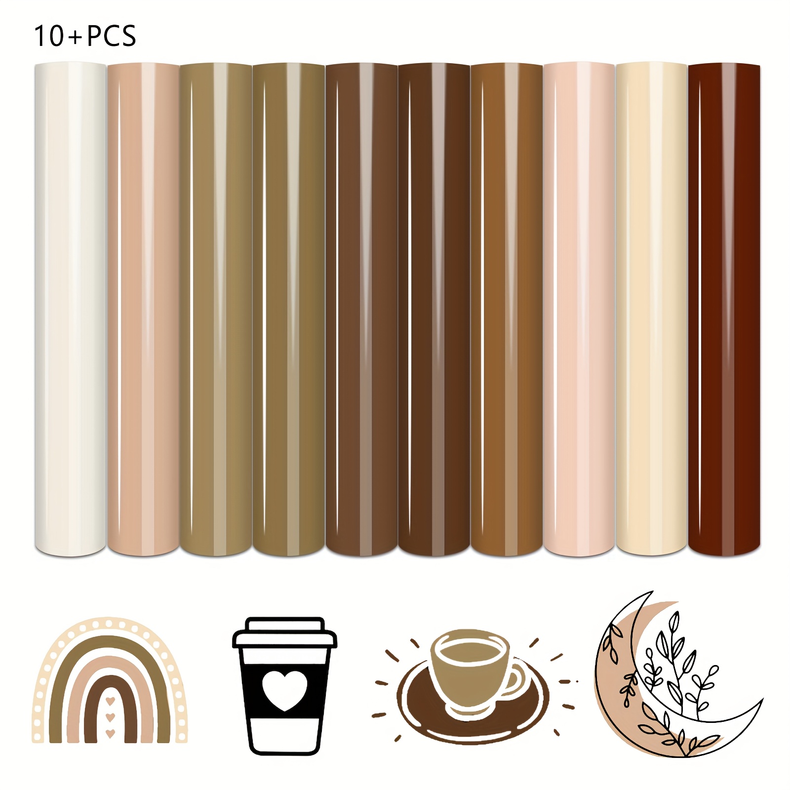 

10pcs Heat Transfer Vinyl Sheets, 12"x9.8" - Brown & Cream Shades For Diy T-shirts, Tote Bags, Hats, Pants & Crafts, Includes Coffee Cup & Rainbow Designs