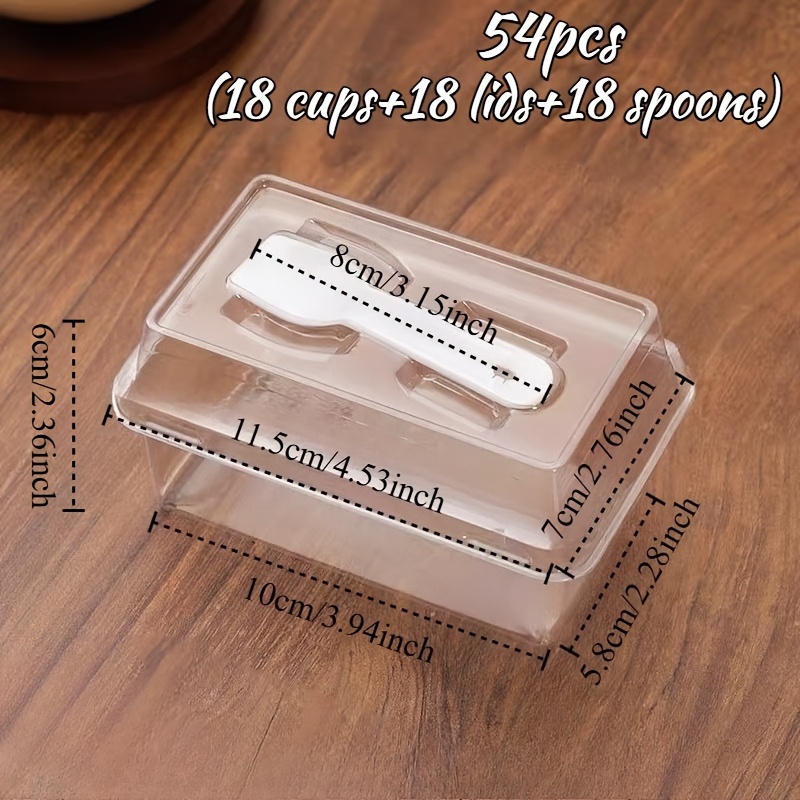 TEMU 54pcs (18 Cups And 18 Lids And 18 Spoons) Rectangular Cake Box Set - Equipped With Spoon, Suitable For Holding Tiramisu, Mousse Cubes, Yogurt,