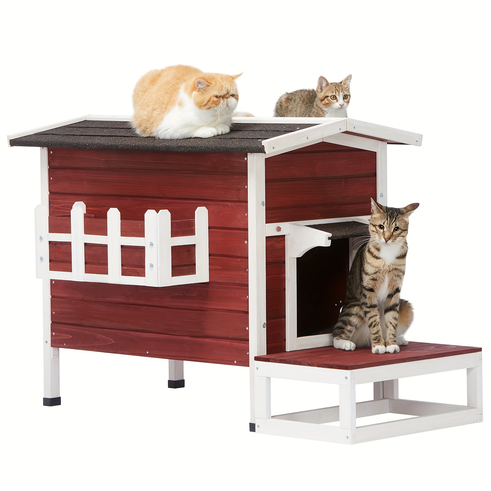 TEMU Petsfit Large Outdoor Cat House For 3 Adult Cats Waterproof, Outside Feral Cat Shelter With Escape Door & Stair Weatherproof