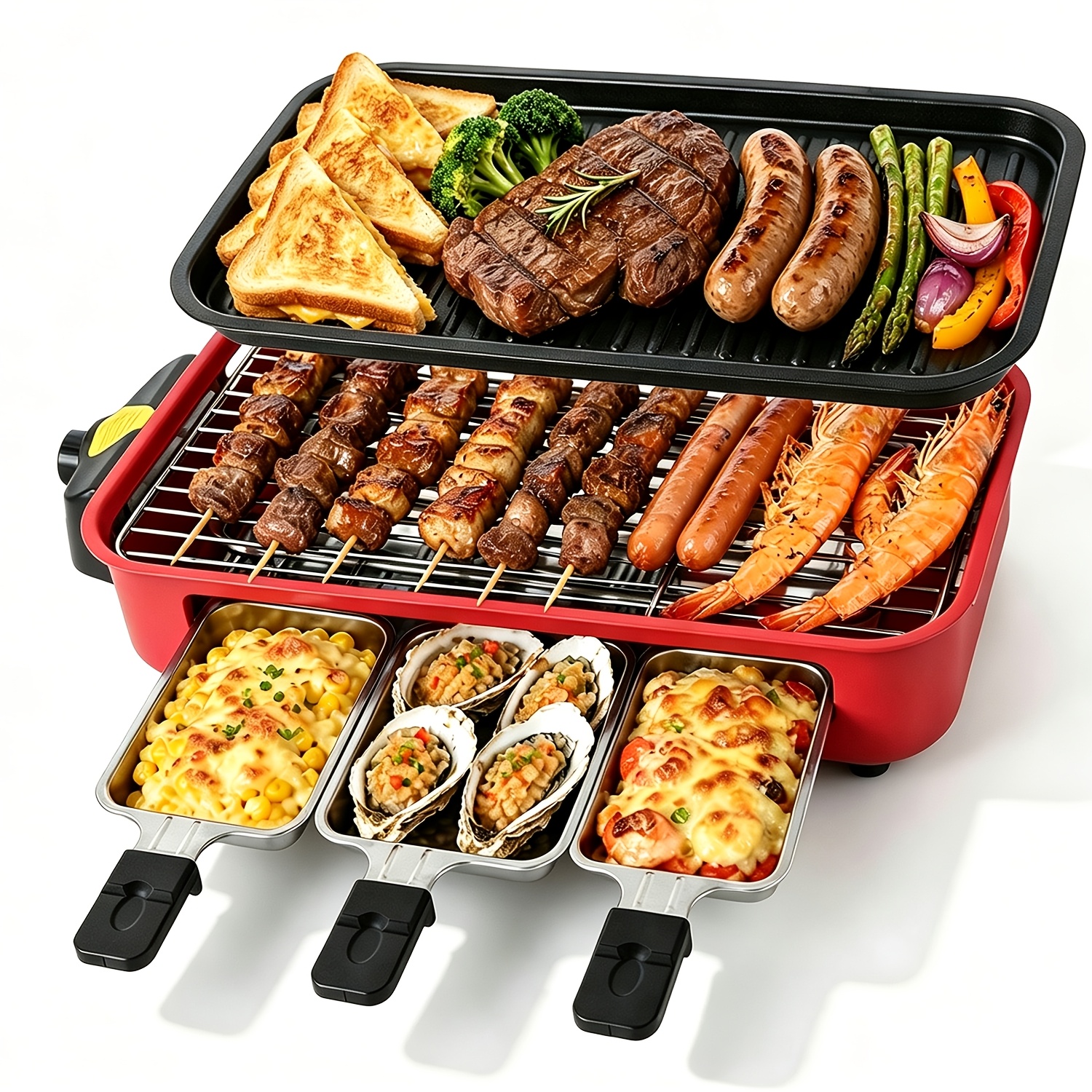 TEMU Grill Électrique 1500W, Barbecue d'Intérieur 3-en-1 avec Grille et Plaque de Cuisson, Plateau Antiadhésif Moulé , Multiples Petites Plats de
