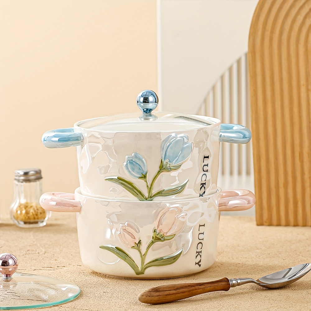 1Pc Ceramic Bowl With Lid Pearl Glazed Tulip Double Ear   Creative And Cute Soup Bowl Rice Bowl Instant Noodle Bowl Fruit Bowl Used For   And Restaurant   Kitchen Supplies Tableware Accessories Product Details 6