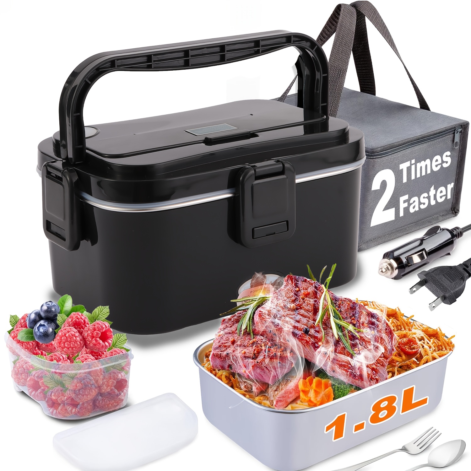 TEMU Lunch .8l - 110v Home & 12v/24v Car Portable Food Warmer, Stainless Steel Heated Meal Container W/ Fork & Insulated Bag, For Truck Drivers,