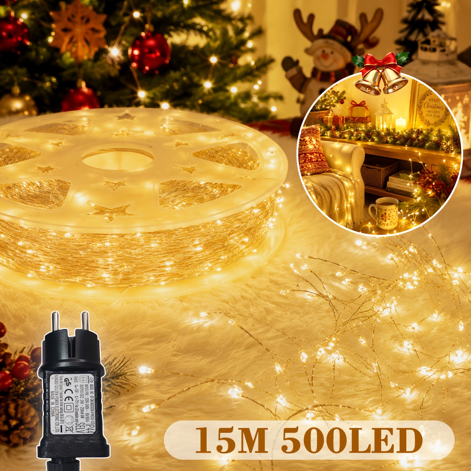 Image of 1000/500led Plug-in Indoor Decor Fairy Lights, 8 Lighting With Memory & Timer Function, Cluster Copper , Re-, Decor For Garden, Fence, Patio, Yard, Christmas Tree, Lawn, Wedding & Party