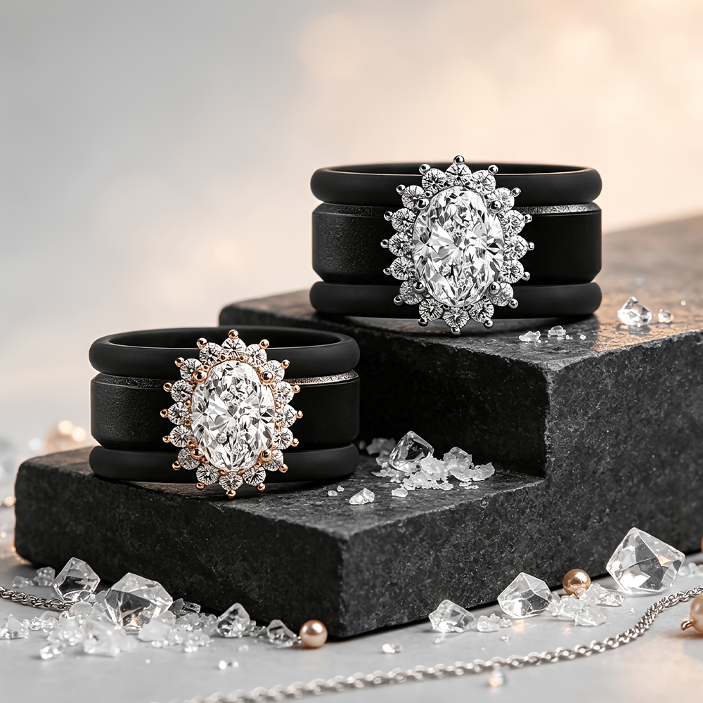 3pcs Women's Sunflower Oval Zirconia Silicone Ring Set