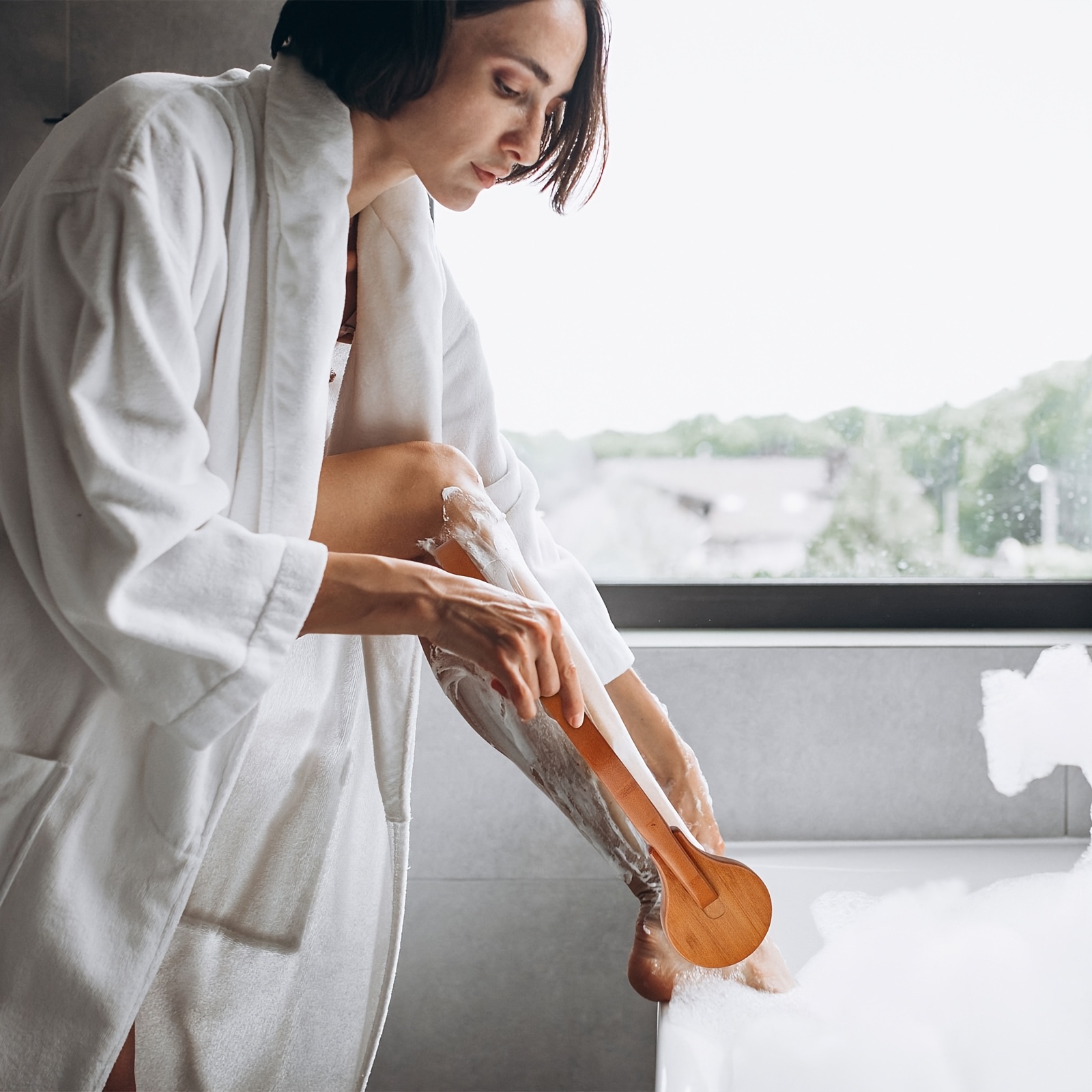 long handle bath brush with natural bamboo bristles slip resistant grip exfoliating body scrubber for back legs   reach areas gentle exfoliation   wet dry use     daily exfoliation decorative bathroom accessory   material durable construction Product details 0