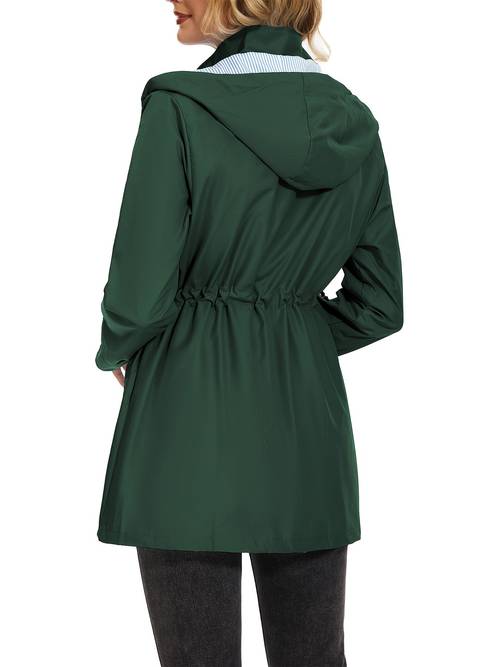 womens high quality lightweight windbreaker raincoat hooded long trench coat with adjustable drawstring waist hem button accented casual outdoor rain jacket hand wash only
