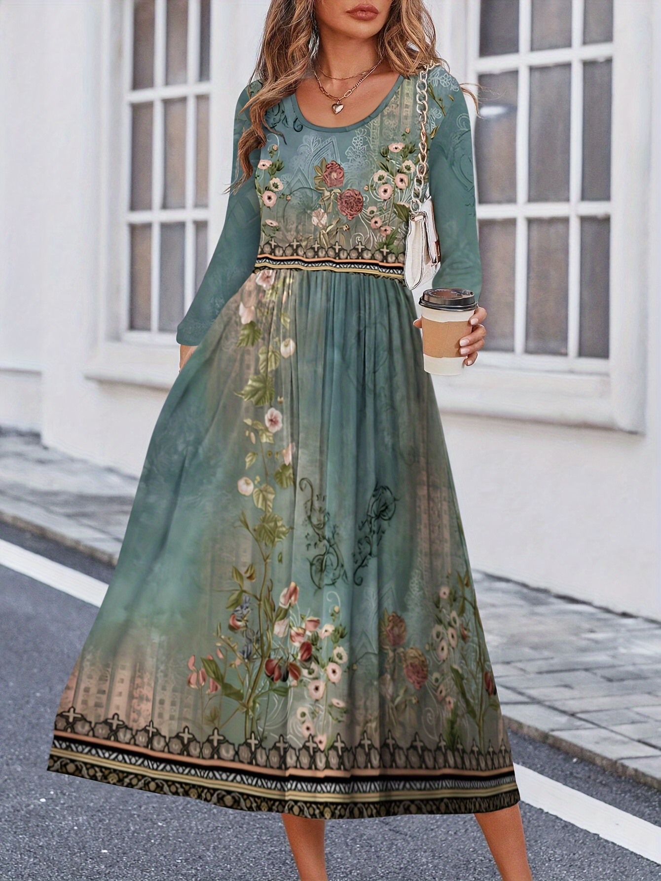 womens elegant floral print long sleeve dress fitted top - Temu Mexico