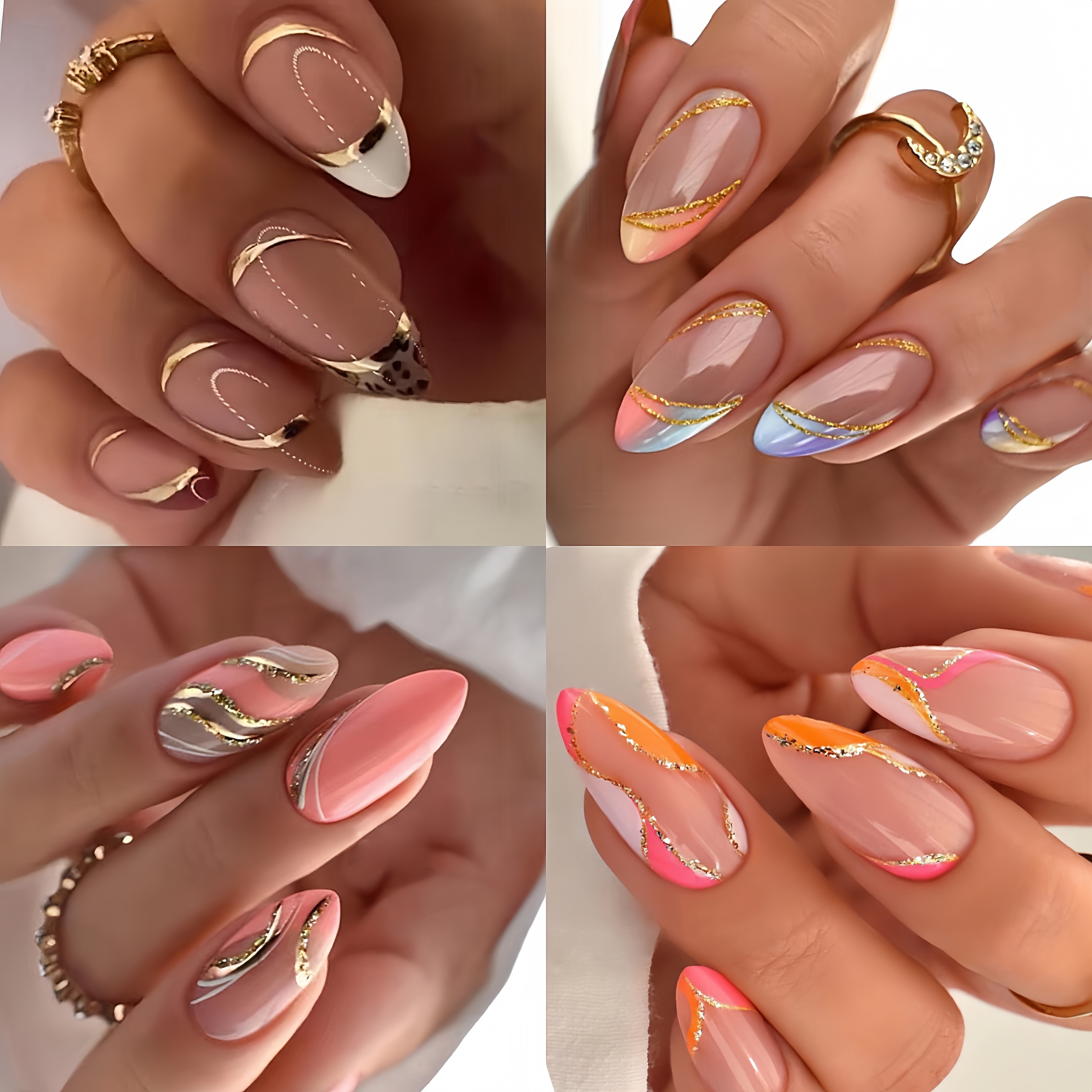 

4sets/96pcs Of Simple Almond Shaped Press On Nails With Colorful Line Edge Design For Women Press-on Nails For Easy Application