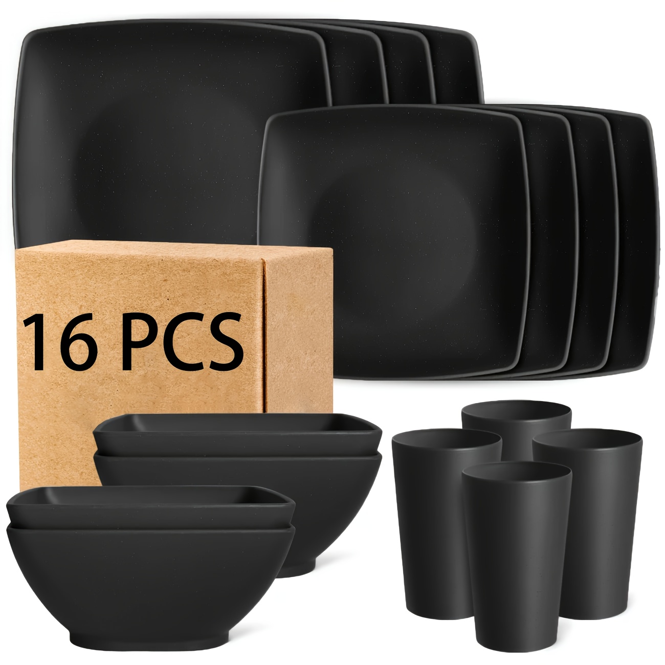 16pcs Plastic Tableware Set - Classic Square Lightweight Design, Dinner Plates And Salad Plates, Snack Bowls, Cups, Suitable For Christmas, Halloween, Easter, Hanukkah, And Thanksgiving