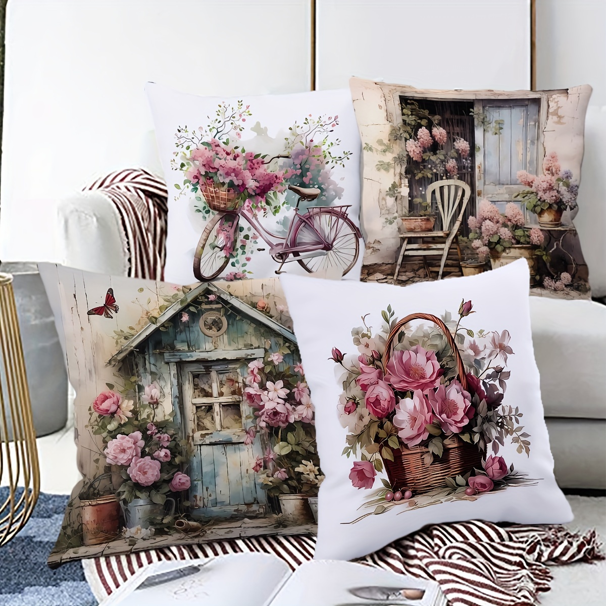 

Jit 1pc/4pcs, Flowers House Cycle Print Pillowcase, Single Sided Printing Throw Pillow Cover, 18inch*18inch, Suitable Toward Sofa, Living Room, Bedroom Home Decoration, No Pillow Core