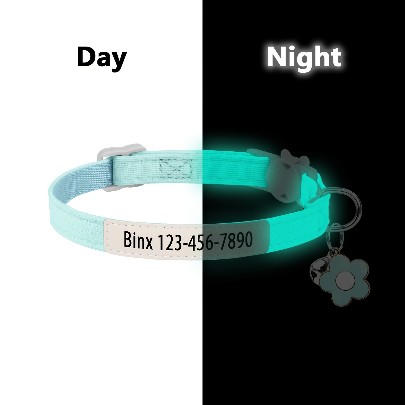 E-shop (Personalisiert) Leuchtendes, superhelles Katzenhalsband mit Namens-ID-Tag, UV-Druck, personalisierte Informationen, vier Farben, glänzendes