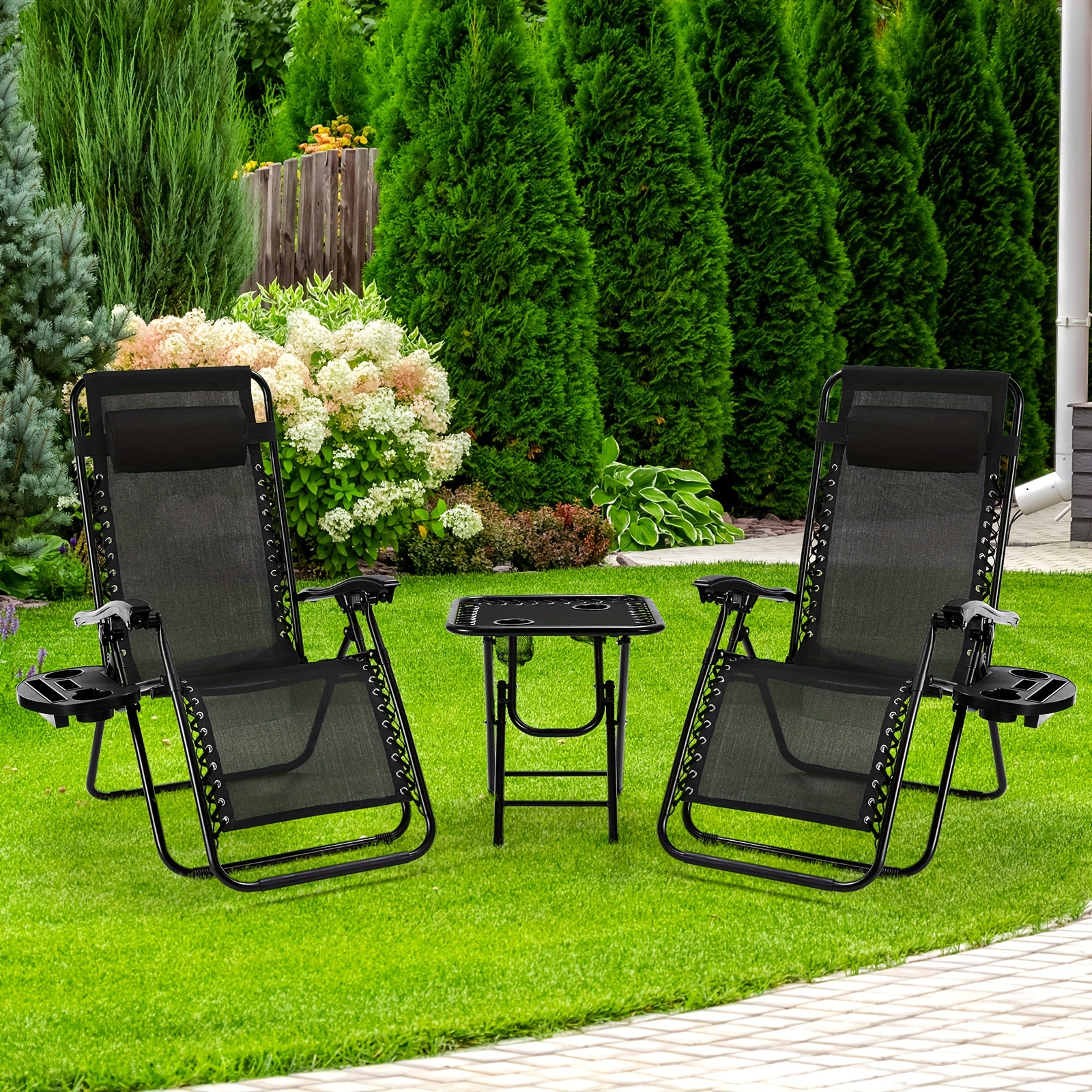 Chaise pliante avec table, chaise longue avec table de côté, chaise de pont avec dossier réglable, chaise de jardin avec porte-gobelet, chaise de jardin respirante, chaise de plage, noir, 2 chaises + 1 table
