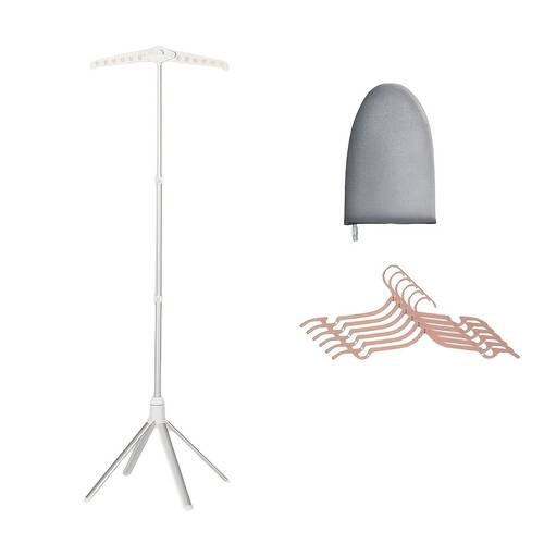 a garment steamer and ironing rack set featuring a handheld ironing board with a support frame a windproof drying rack a portable ironing board and six travel hangers it a collapsible floor standing steamer