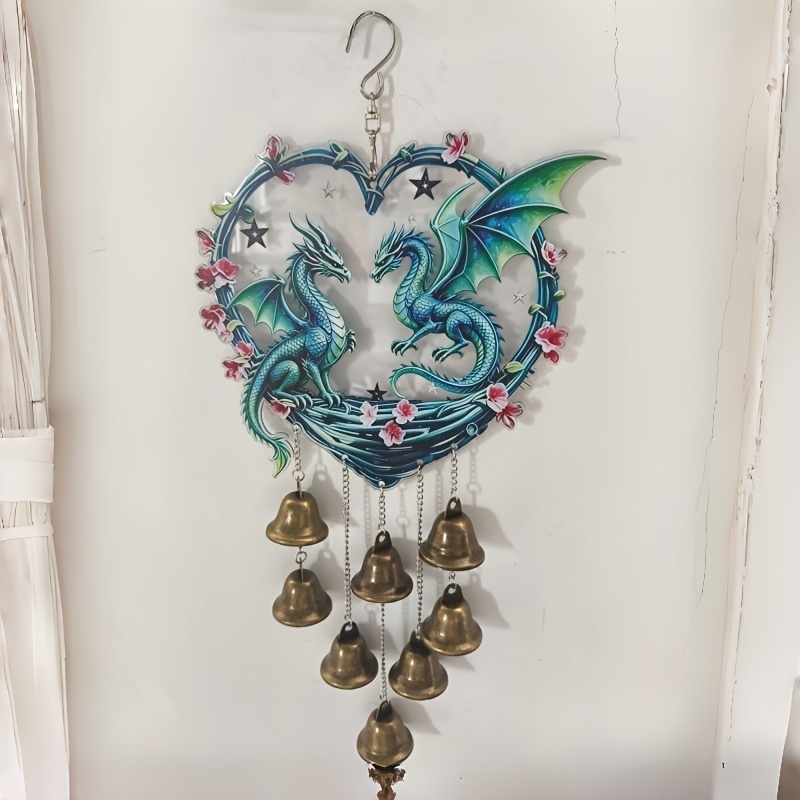 TEMU 2d Flat Printing Heart-shaped Double Dragon Wind Chime Transparent Acrylic Board Metal Entrance Bedroom Hanging Ornament, Fantasy Style Double