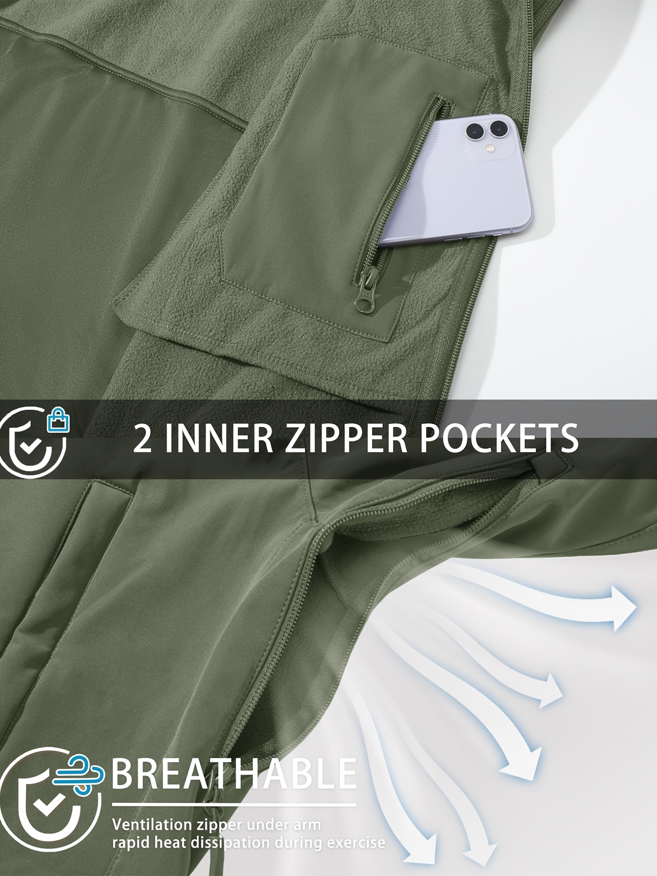 Men's Softshell Jacket, Polyester 90.00% Spandex 10.00%, Lightweight Windproof Fleece Lined Winter Coat with Multi-Pockets, Detachable & Concealed Hood, Elastic Wrist Cuffs for Hiking Camping Hunting Fishing