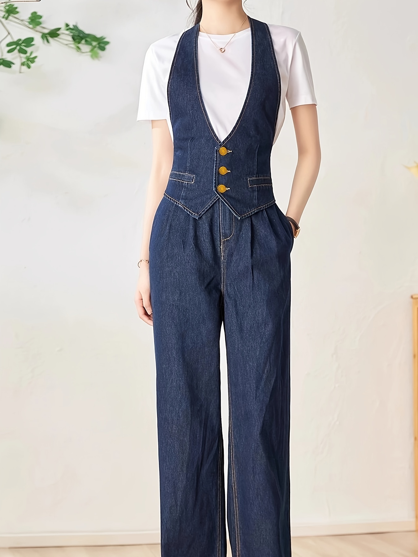 Four-Season Solid Color Womens Elegant Denim Jumpsuit - V-Neck Waist-Cinched 2-in-1 Overalls with Suspender Details, Non-Stre...