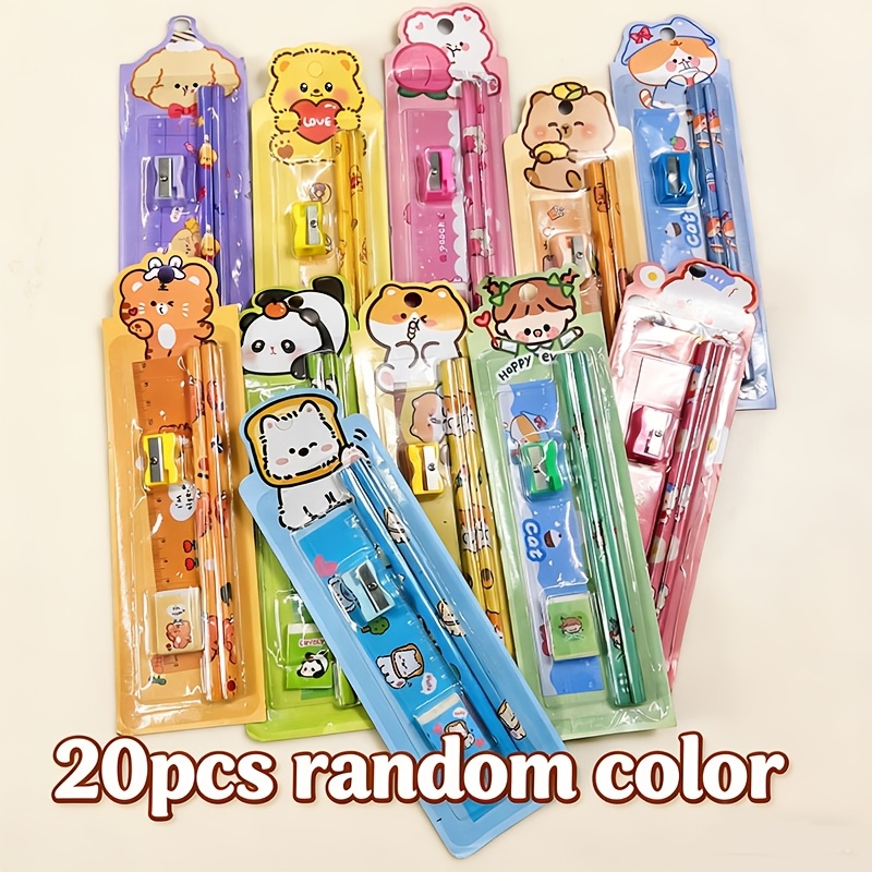 TEMU Random 20-piece Pencil Stationery Setcomes With Ruler, Eraser And Pencil Sharpener, Cartoon Style. In 5-piece Pencil Pack.perfect For Festival