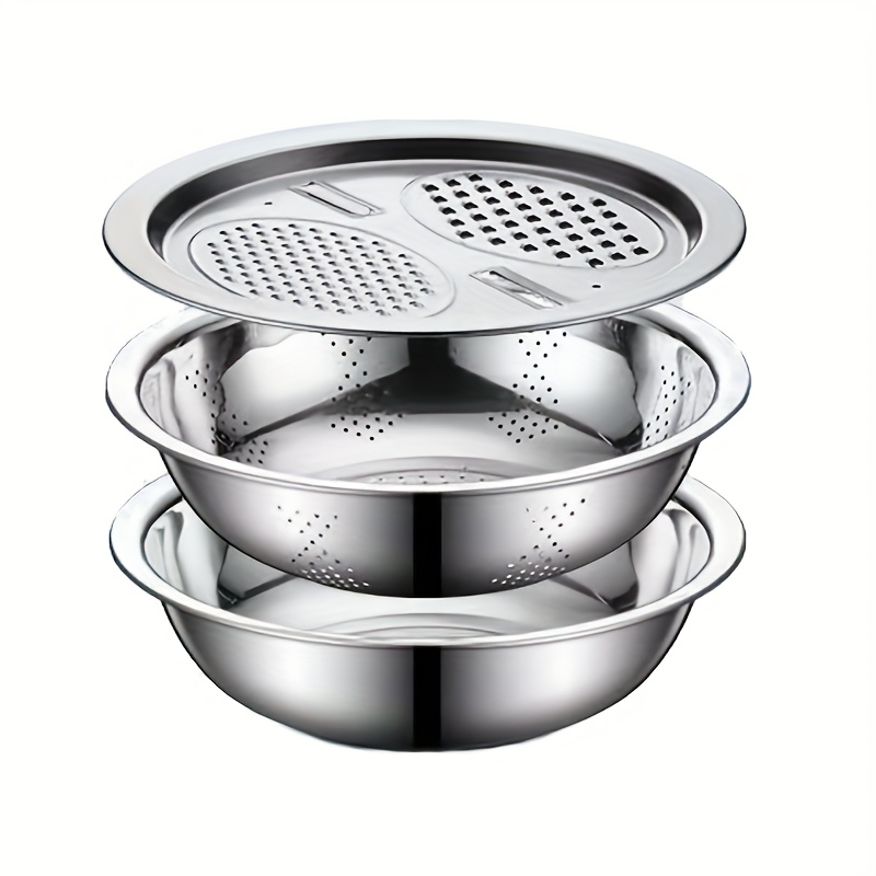 TEMU 3pcs Stainless Steel Kitchen Set With Integrated Grinder, Multi-functional Strainer & Mixing Bowl - Ideal For Cleaning & Slicing Fruits,