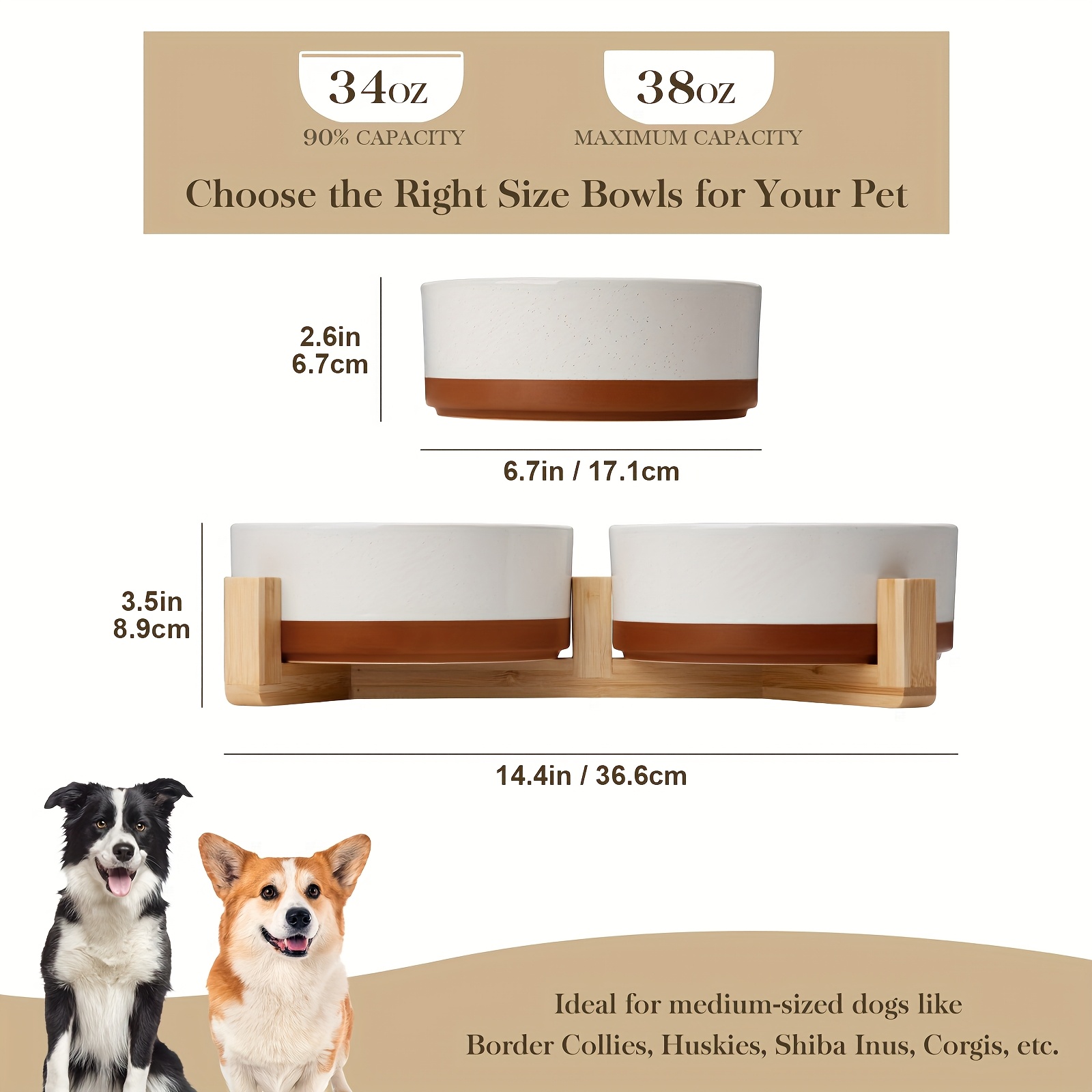 2pcs Ceramic Dog Bowls, Dog Water/food Dish With Wood Stand Non-slip Pet Basic Bowls Suitable For All Dog Types Glaze Matte Weighted Non-slip