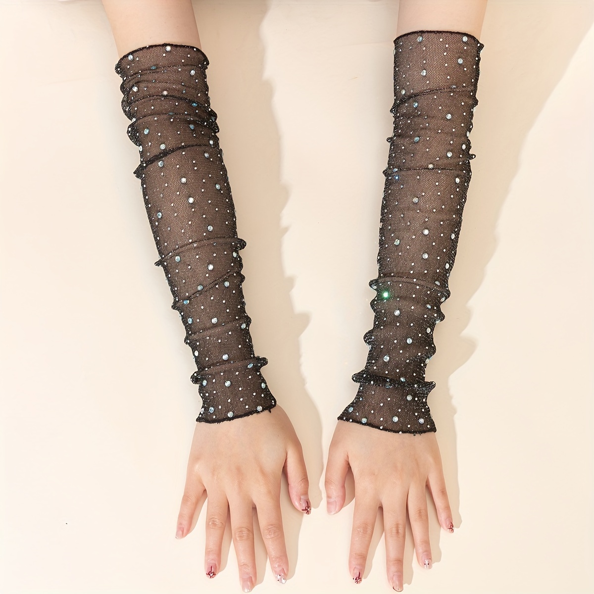 

Elegant Long Lace Gloves For Women - Breathable, Fingerless With Sparkling Rhinestones, Vintage-inspired Striped Design, Sun Protection & Fashion