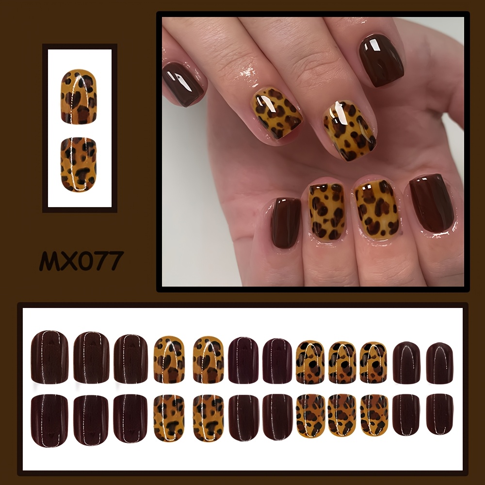 TEMU 24 uñas postizas cuadradas cortas de otoño para pegar, serie de color con estampado de leopardo marrón, elegantes uñas postizas de estampado de