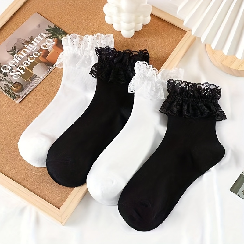 E-shop 2 Paar/4 Paar Spitzenbesatz Einfarbige, schwarz-weiße, süße, lässige Socken bis zur Mitte der Wade