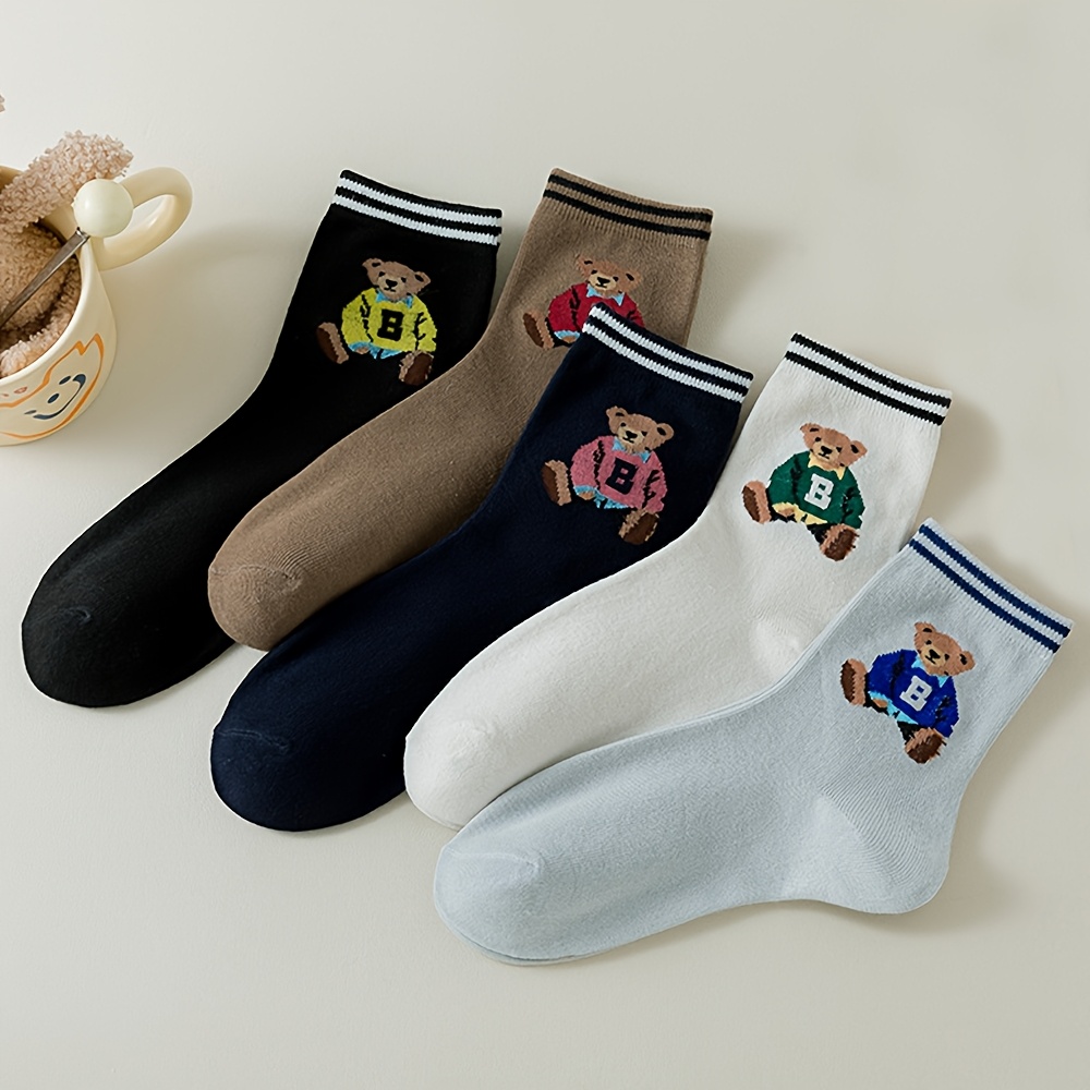 TEMU 5pcs Women's Bear Mid- Socks - Breathable & -wicking, Polyester